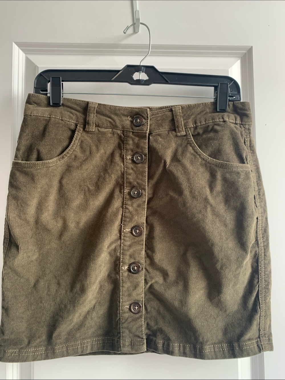 Button-Front Mini Skirt in Olive Green